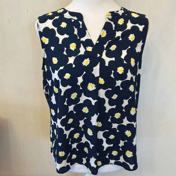 Talbots navy blue white yellow floral sleeveless blouse Size MP EUC - Picture 1 of 9